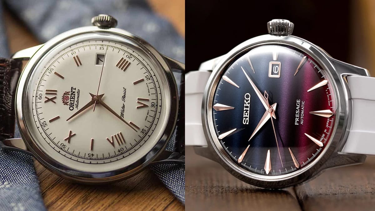 Seiko vs Orient automatic watch comparison 2026 — Orient Bambino white dial beside Seiko Presage purple gradient dial